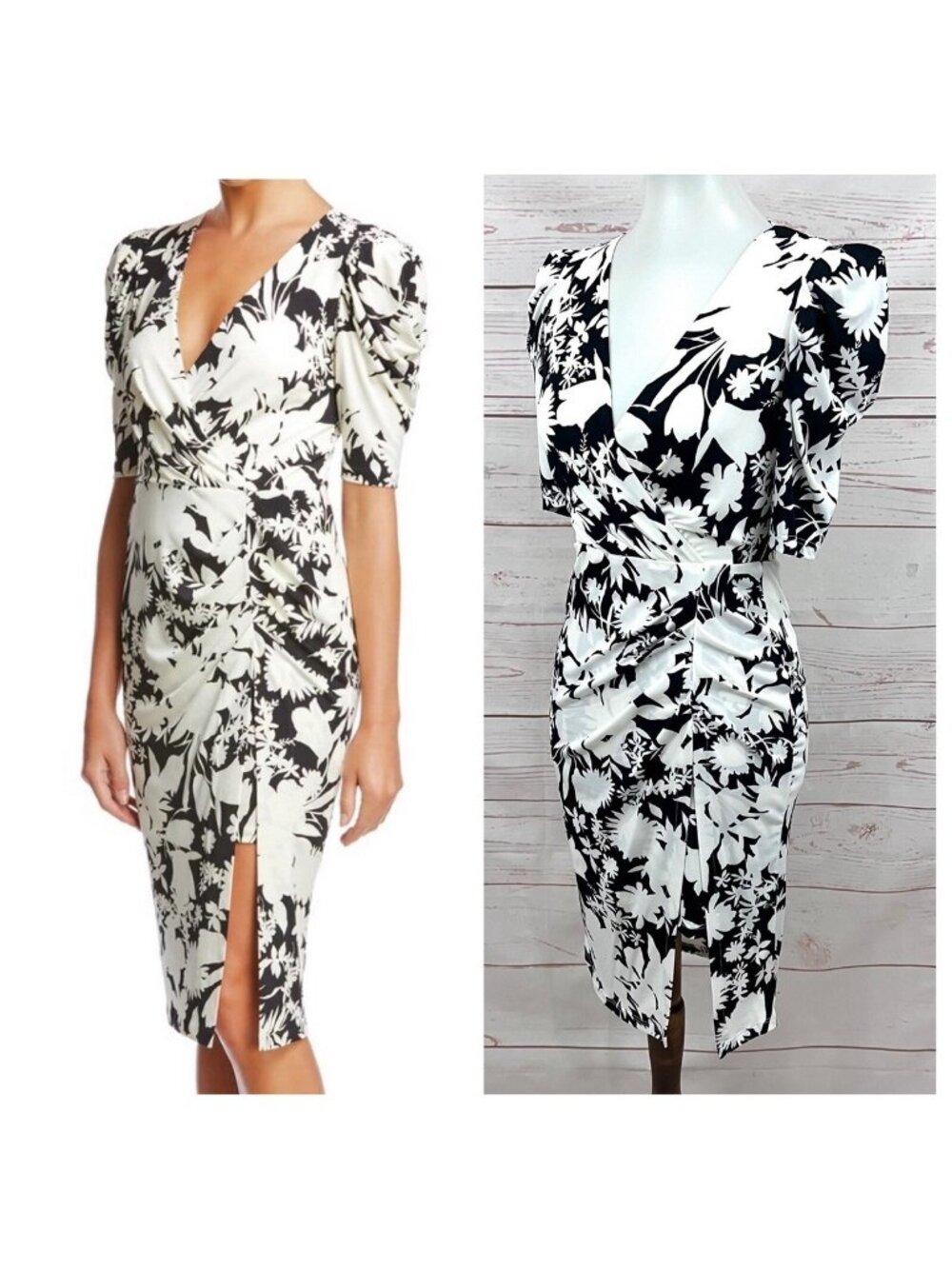 Bailey 44 Black & White Floral Print Puff Sleeve Surplice Sheath Dress Size S